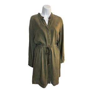 A New Day Chambray Shirt Dress Size M Women Green  Button Up Drawstring Waist